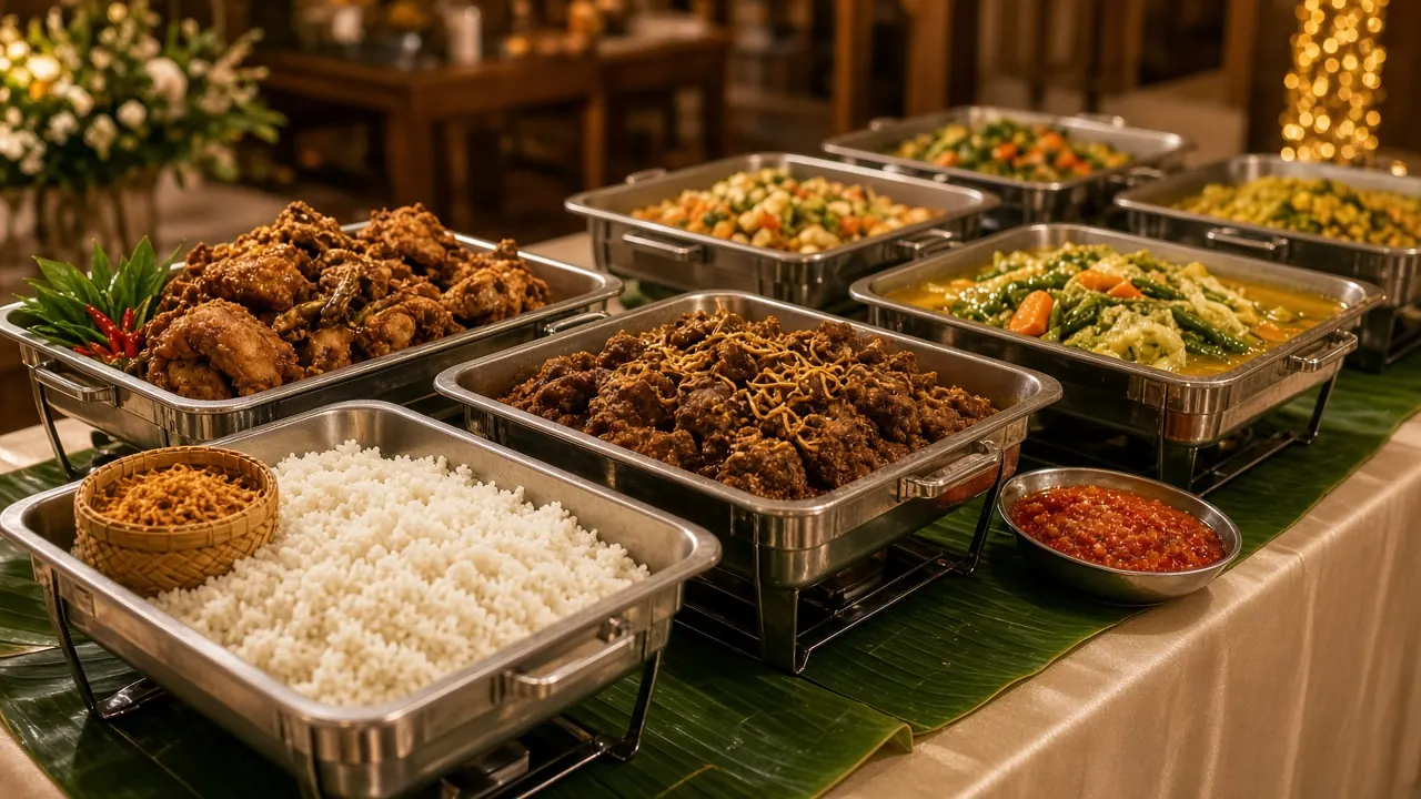 Hidangan prasmanan katering rumahan dengan nasi dan lauk lengkap